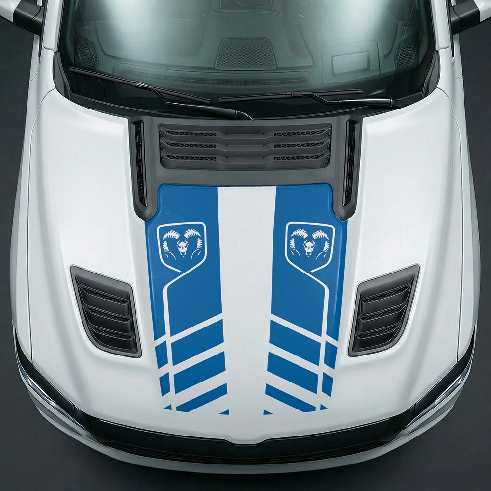 Hood Panel Decal/Sticker - Slotted Sport Stripe with RAM Shield Badge Graphic Kit - For Dodge Ram 2019-2025 - Premium Vinyl