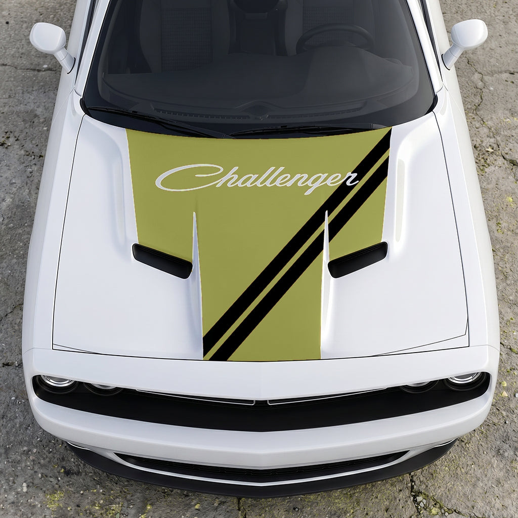 Hood Panel Decal/Sticker - Challenger Script Sidewinder Stripe - Dual-Band Offset Racing Graphic Kit - For Dodge Challenger 2015-2024 - Premium Vinyl