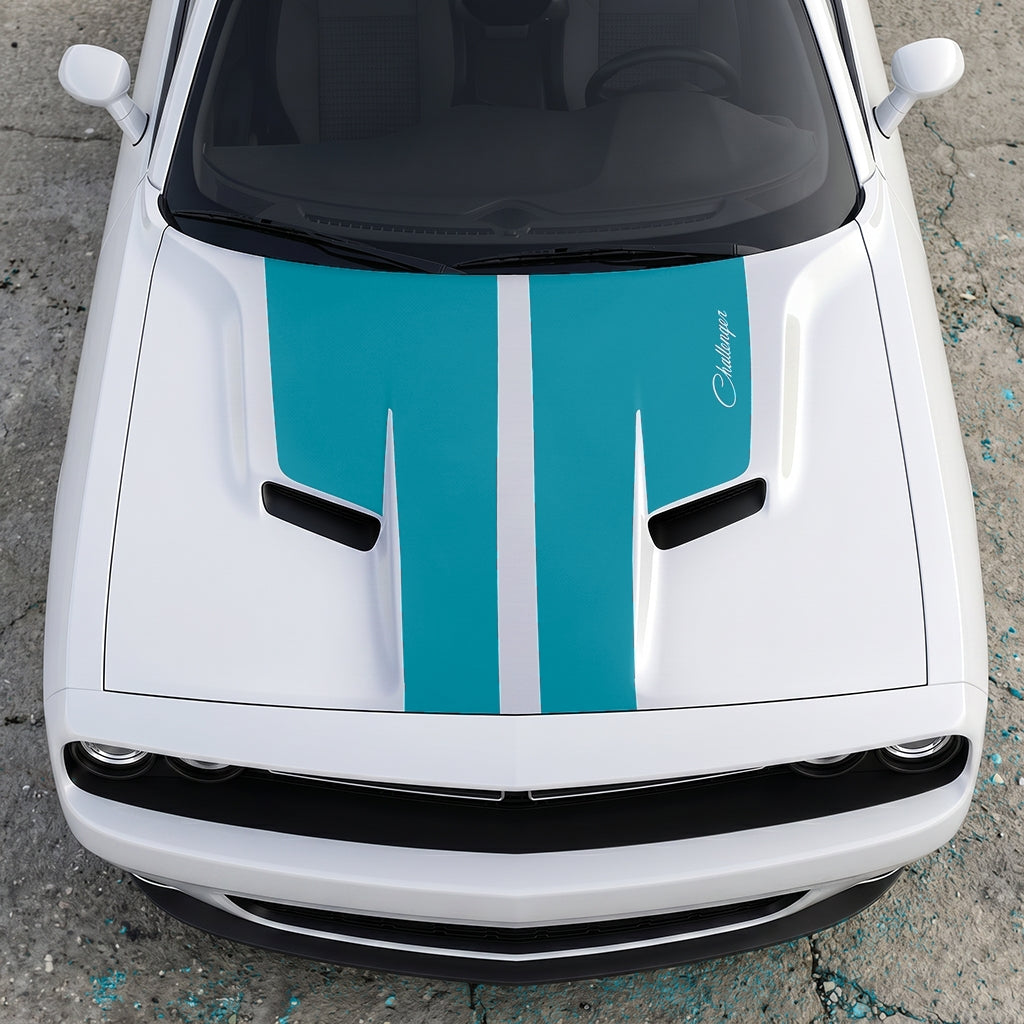 Hood Panel Decal/Sticker - Retro Script Challenger Heritage - Split Center Sport Stripe Series Graphic Kit - For Dodge Challenger 2015-2024 - Premium Vinyl