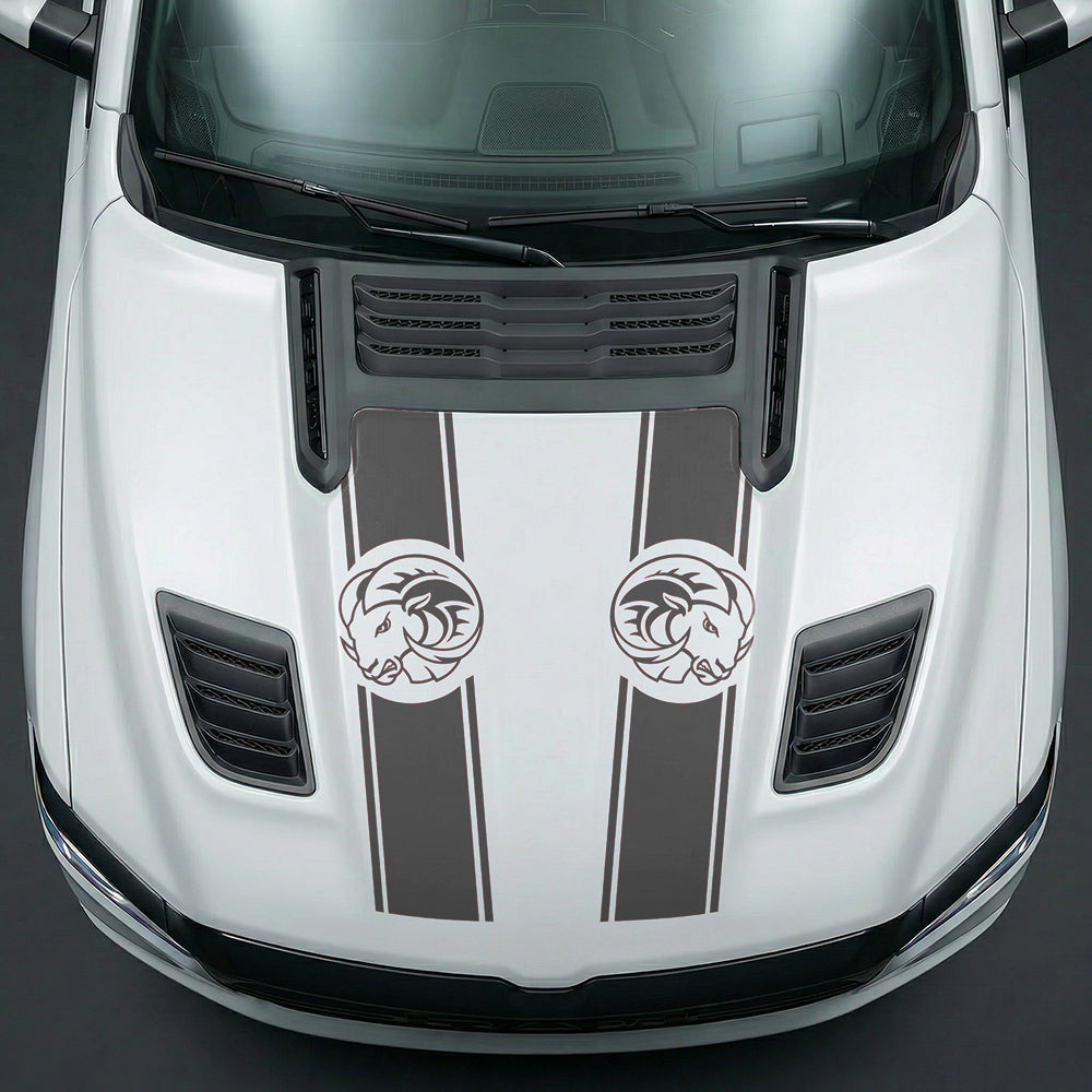Hood Panel Decal/Sticker - Aggressive RAM Mascot Twin Racing Stripe Graphic Kit - For Dodge Ram 2019-2025 - Premium Vinyl