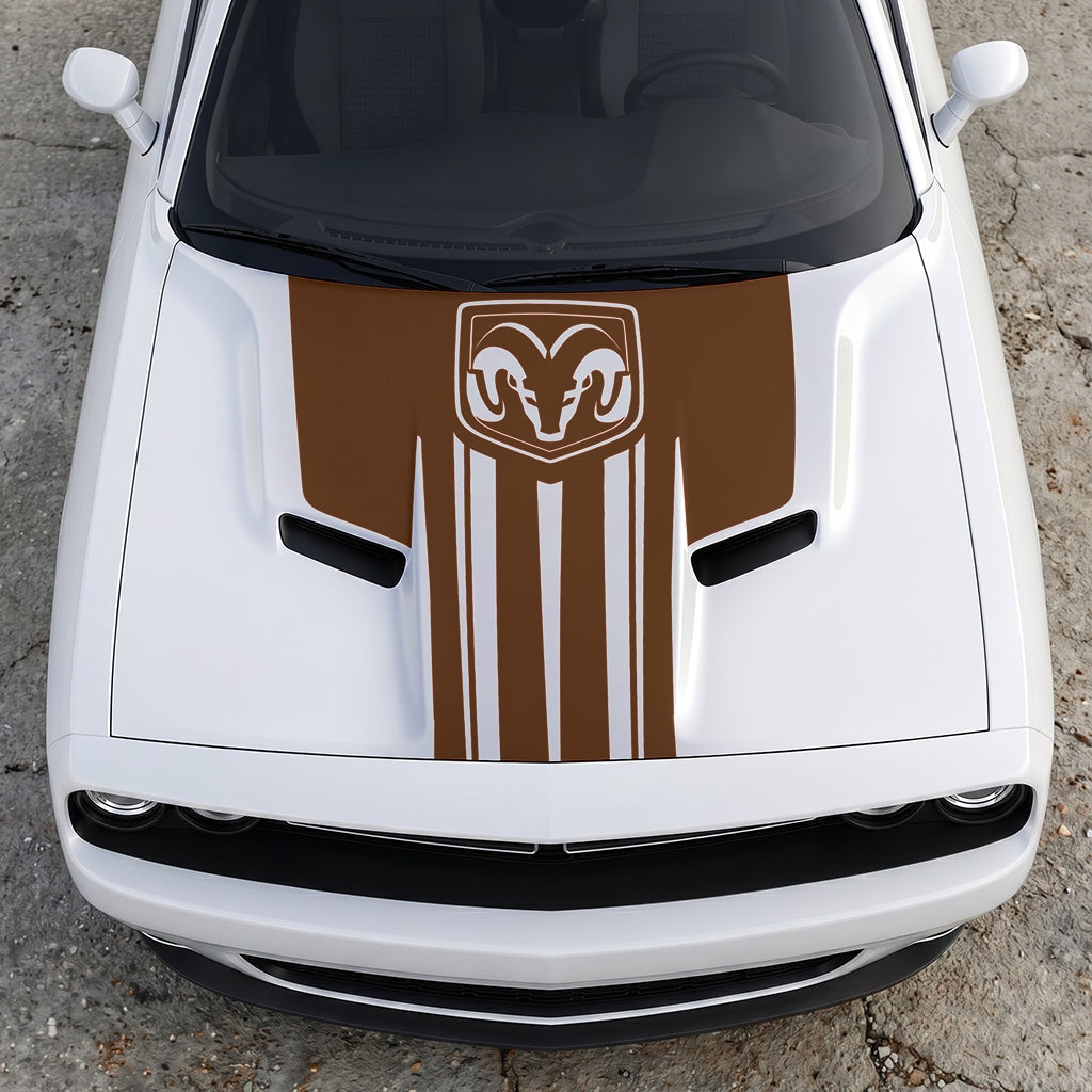 Hood Panel Decal/Sticker - Ram Emblem Apex Crest Triple-Stripe - Rugged Shield Design Vinyl Graphic Kit - For Dodge Challenger 2015-2024 - Premium Vinyl