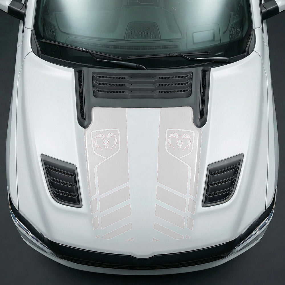 Hood Panel Decal/Sticker - Slotted Sport Stripe with RAM Shield Badge Graphic Kit - For Dodge Ram 2019-2025 - Premium Vinyl