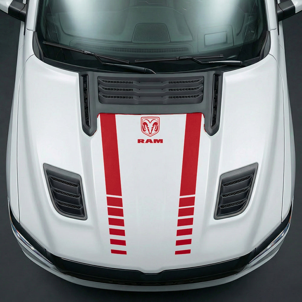 Hood Panel Decal/Sticker - Sport Strobe V-Stripes with Center RAM Logo - Cut Graphic Kit - For Dodge Ram 2019-2025 - Premium Vinyl