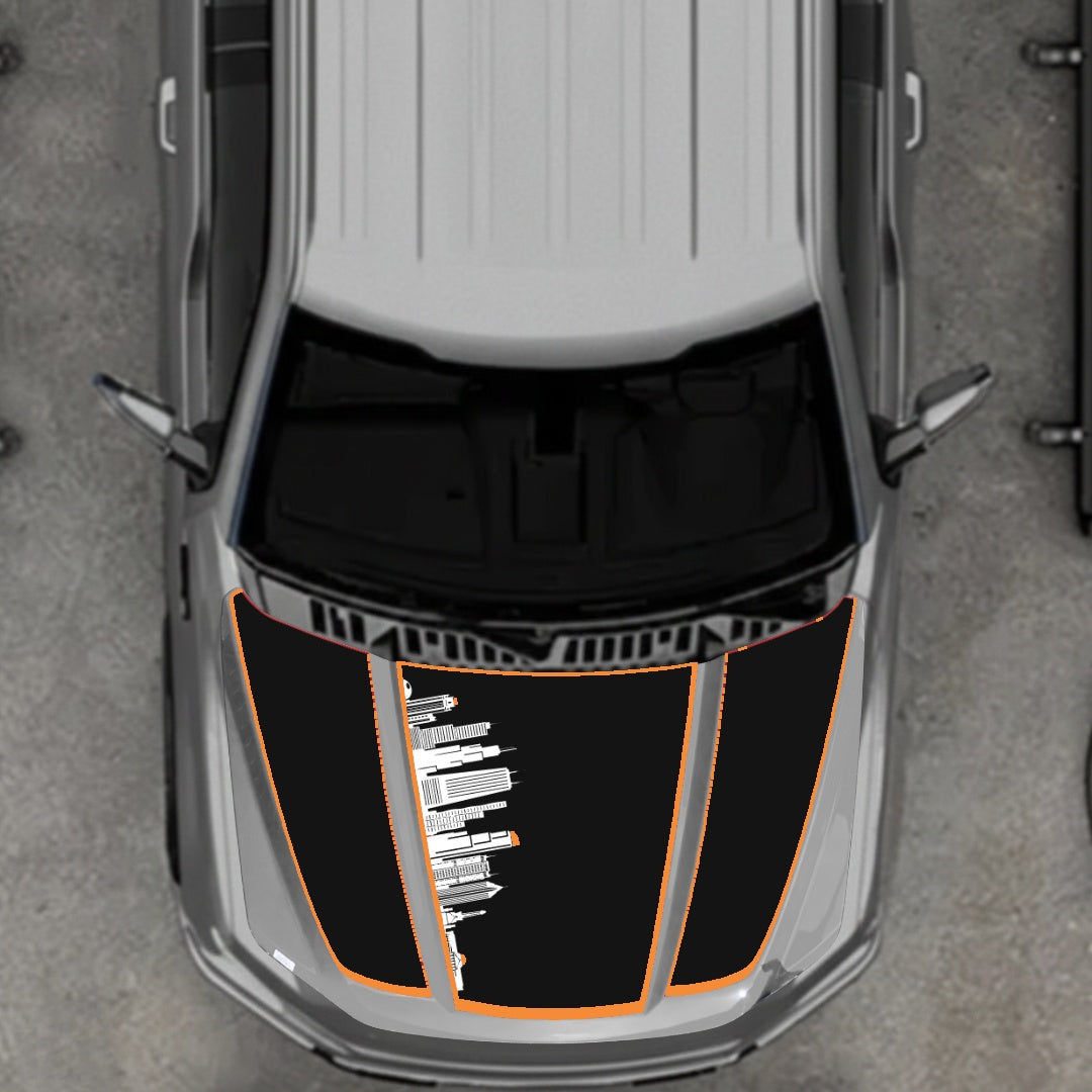 Hood Panel Decal/Sticker - Dubai Skyline - Cut - Border Graphic Kit - For Ford F-150 2020-2026 - Premium Vinyl