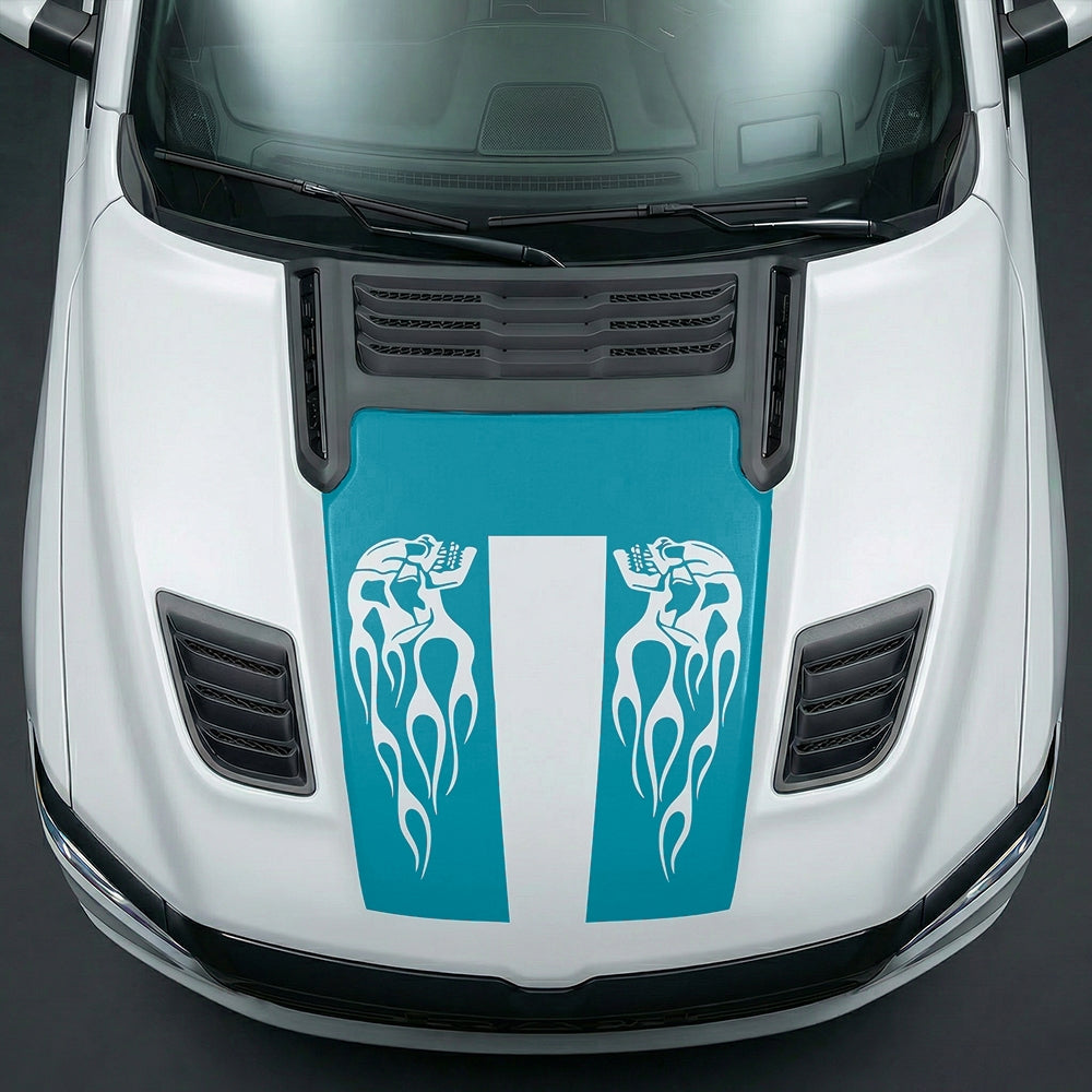 Hood Panel Decal/Sticker - Fiery Skulls Custom U-Shape Graphic Kit - For Dodge Ram 2019-2025 - Premium Vinyl