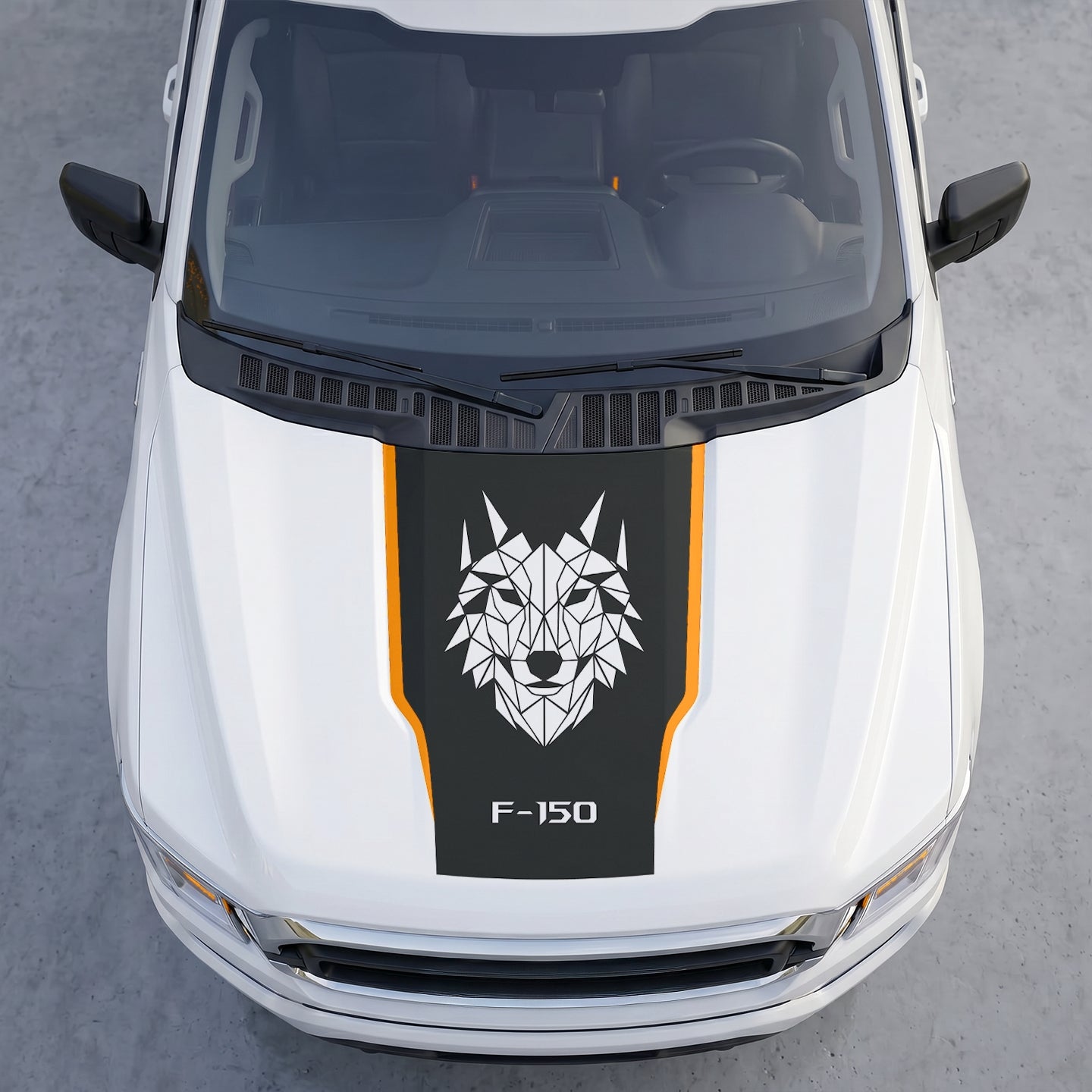 Hood Panel Decal/Sticker - Geometric Low-Poly Wolf Hood Decal Wrap – Matte Black Shield with White Origami Wolf Head Graphic Kit - For Ford F-150 F150 2015-2020 - Premium Vinyl