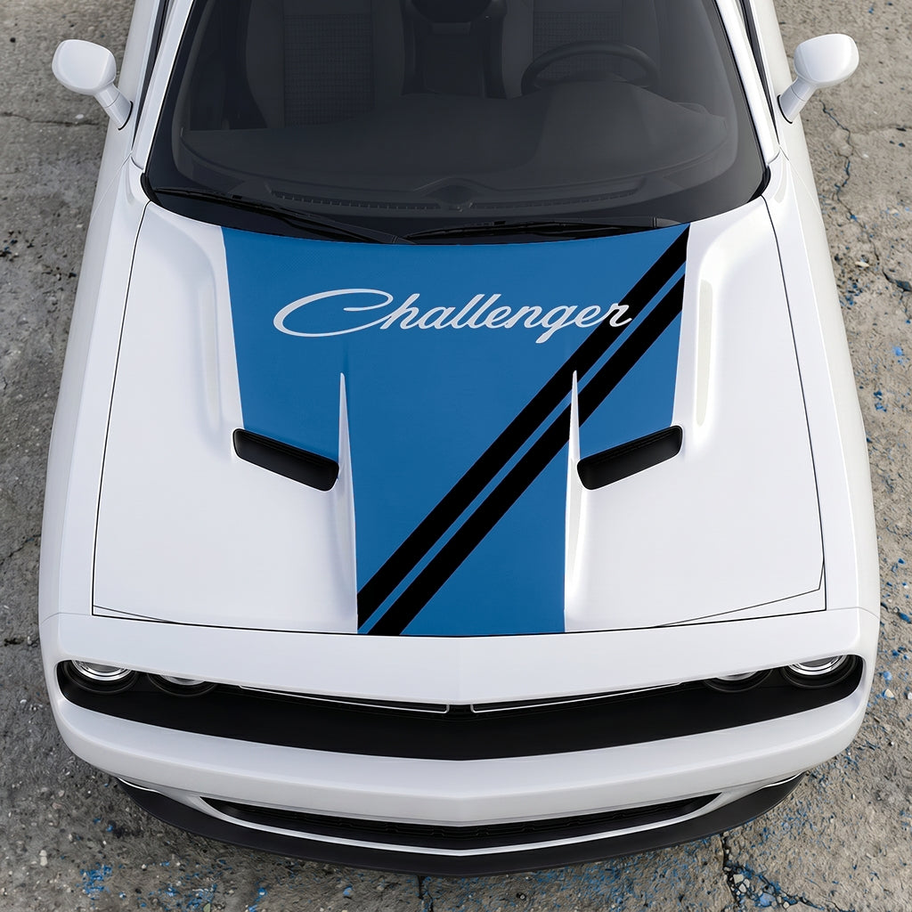Hood Panel Decal/Sticker - Challenger Script Sidewinder Stripe - Dual-Band Offset Racing Graphic Kit - For Dodge Challenger 2015-2024 - Premium Vinyl