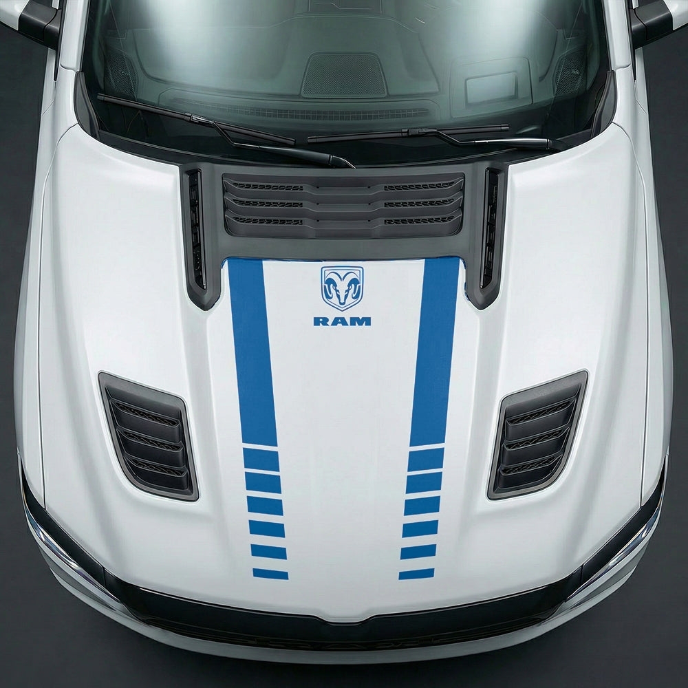 Hood Panel Decal/Sticker - Sport Strobe V-Stripes with Center RAM Logo - Cut Graphic Kit - For Dodge Ram 2019-2025 - Premium Vinyl