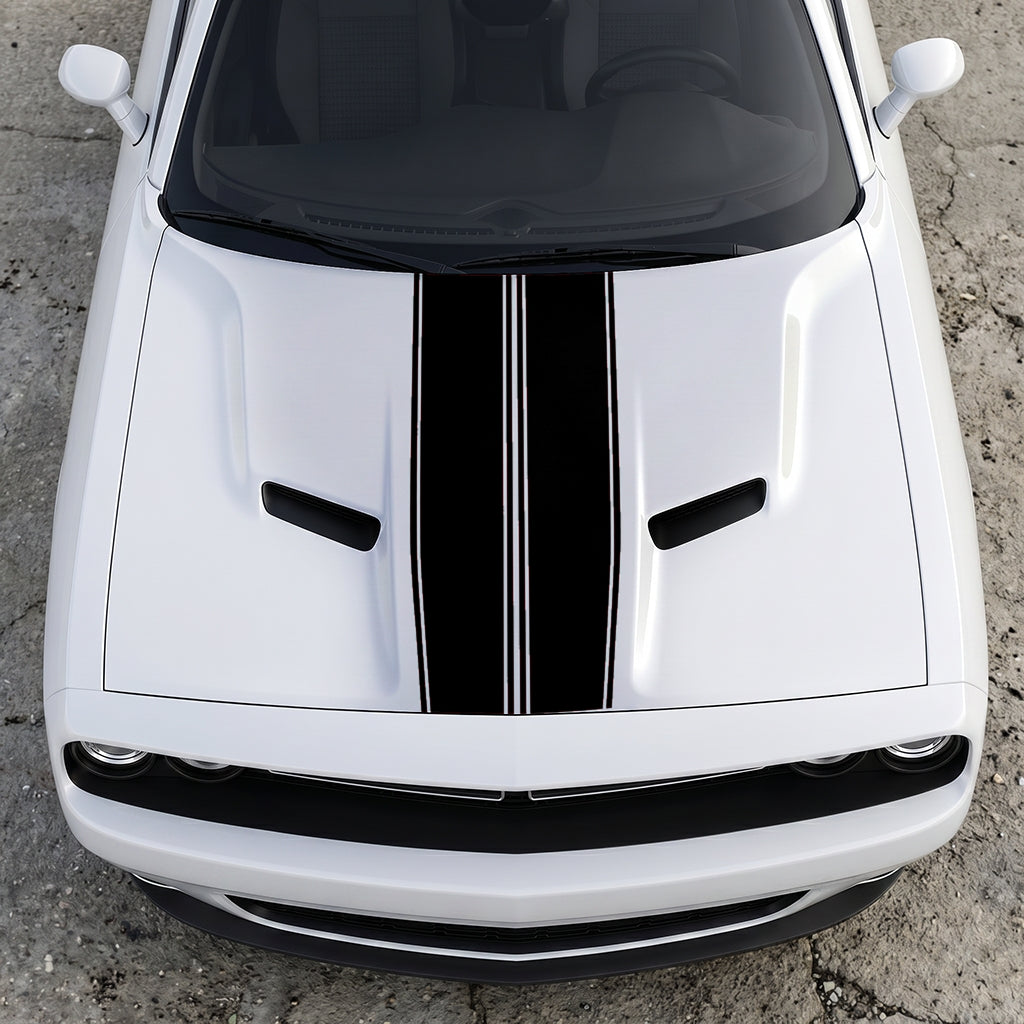 Hood Panel Decal/Sticker - Triple-Threat Sport Racing Stripes - Symmetrical Performance Overlay Graphic Kit - For Dodge Challenger 2015-2024 - Premium Vinyl