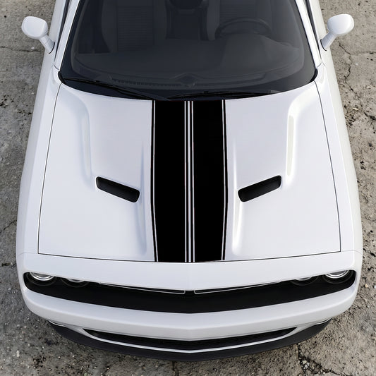 Hood Panel Decal/Sticker - Triple-Threat Sport Racing Stripes - Symmetrical Performance Overlay Graphic Kit - For Dodge Challenger 2015-2024 - Premium Vinyl