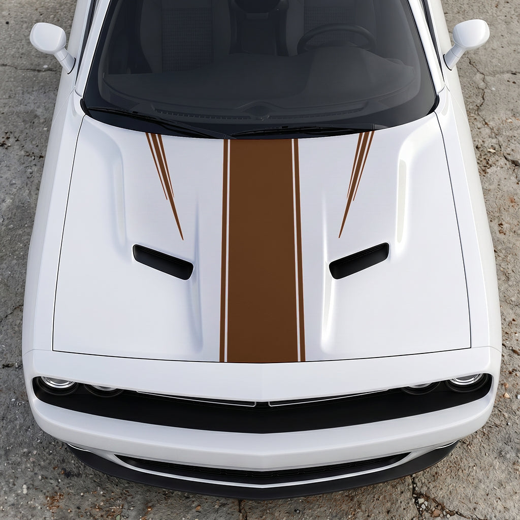 Hood Panel Decal/Sticker - Sport Rally Triple-Threat Stripe - Center-Line and Fender-Flair Accent Graphic Kit - For Dodge Challenger 2015-2024 - Premium Vinyl