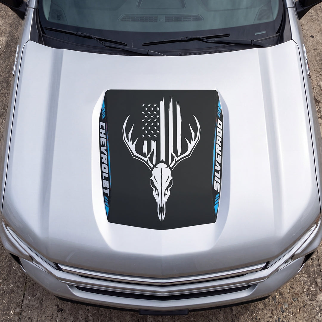 Hood Panel Decal/Sticker - American Flag and Bison Skull Graphic Decal Graphic Kit - For Chevrolet Silverado 2019-2024 - Premium Vinyl