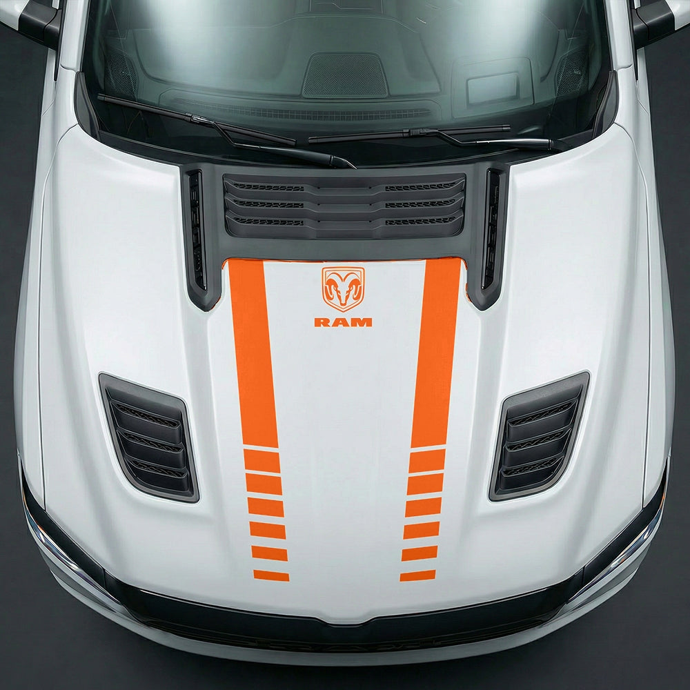 Hood Panel Decal/Sticker - Sport Strobe V-Stripes with Center RAM Logo - Cut Graphic Kit - For Dodge Ram 2019-2025 - Premium Vinyl
