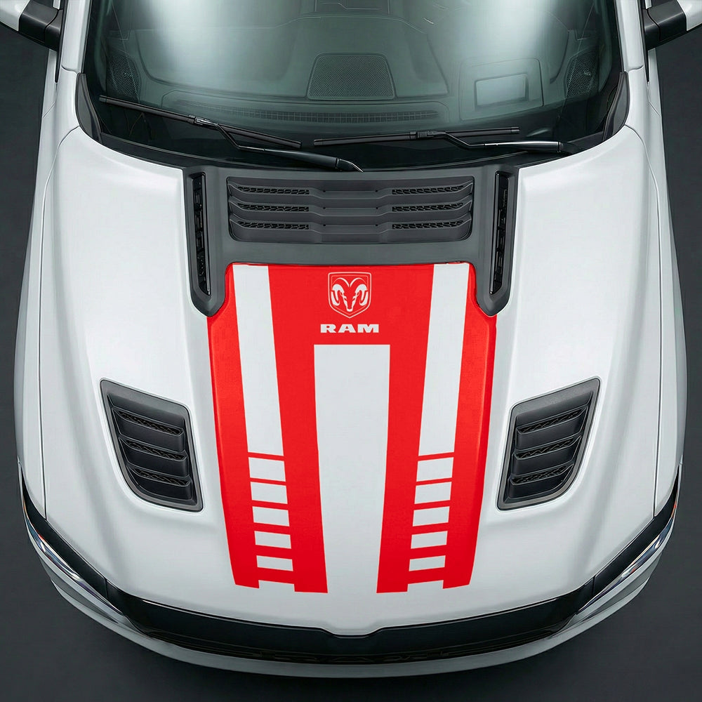 Hood Panel Decal/Sticker - Sport Strobe V-Stripes with Center RAM Logo Graphic Kit - For Dodge Ram 2019-2025 - Premium Vinyl