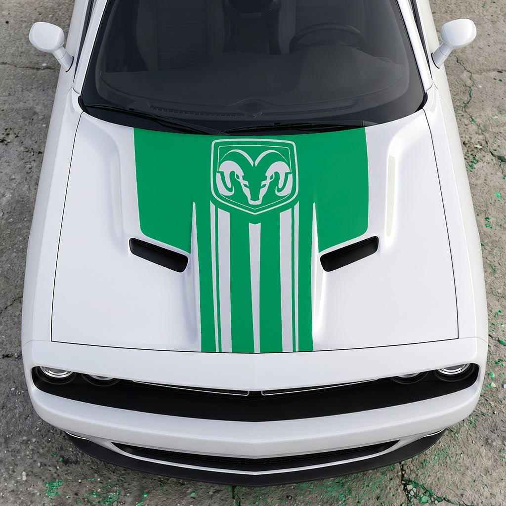 Hood Panel Decal/Sticker - Ram Emblem Apex Crest Triple-Stripe - Rugged Shield Design Vinyl Graphic Kit - For Dodge Challenger 2015-2024 - Premium Vinyl