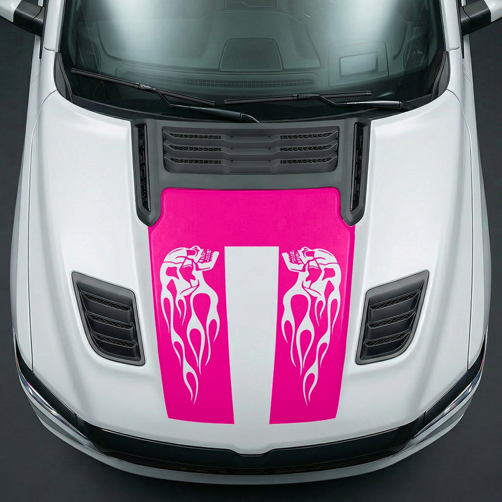 Hood Panel Decal/Sticker - Fiery Skulls Custom U-Shape Graphic Kit - For Dodge Ram 2019-2025 - Premium Vinyl