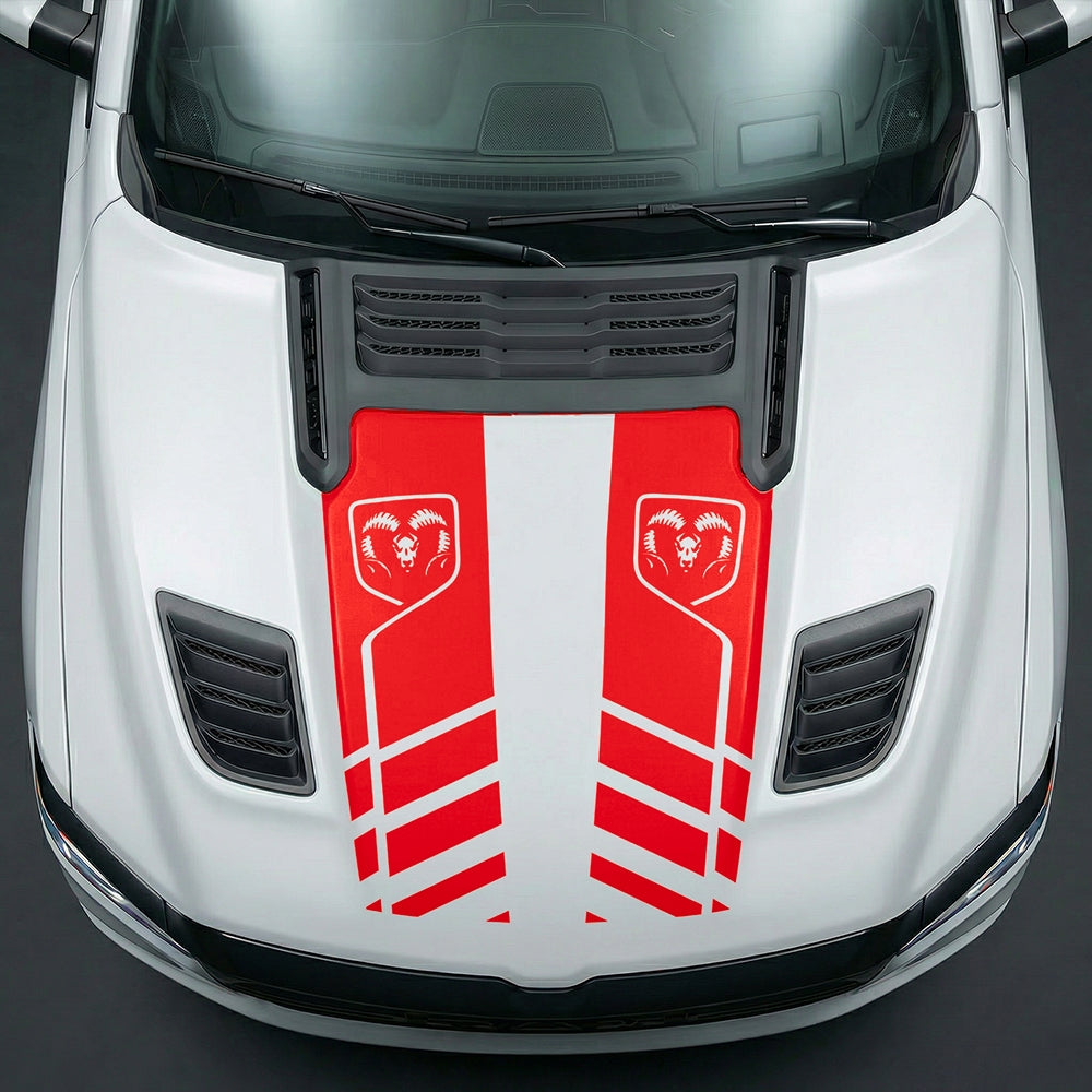 Hood Panel Decal/Sticker - Slotted Sport Stripe with RAM Shield Badge Graphic Kit - For Dodge Ram 2019-2025 - Premium Vinyl