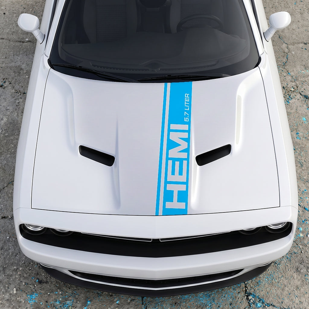 Hood Panel Decal/Sticker - HEMI 5.7 Liter Vertical Performance Stripe - Pillar Style Side-Hood Accent Vinyl Graphic Kit - For Dodge Challenger 2015-2024 - Premium Vinyl