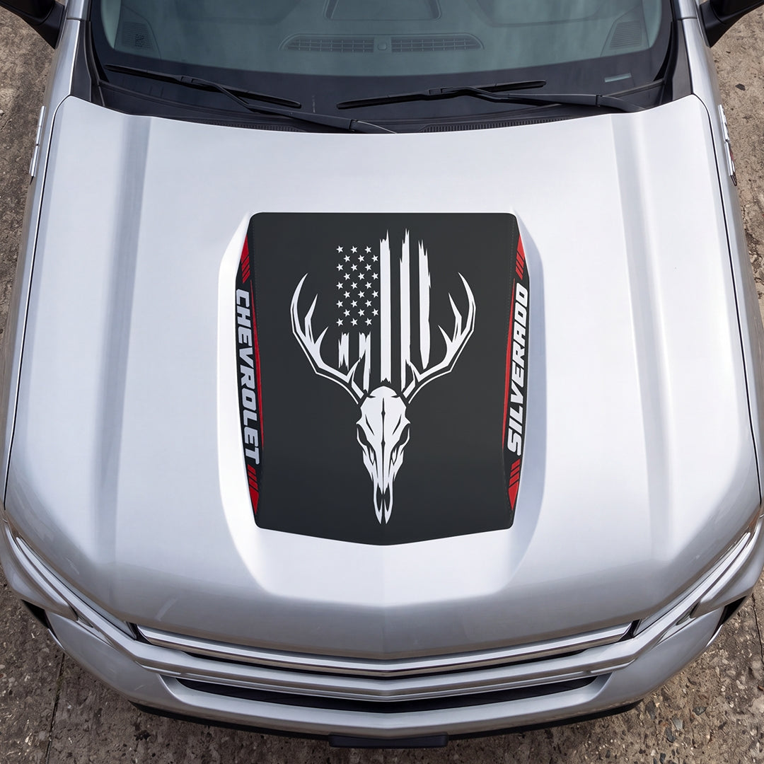 Hood Panel Decal/Sticker - American Flag and Bison Skull Graphic Decal Graphic Kit - For Chevrolet Silverado 2019-2024 - Premium Vinyl