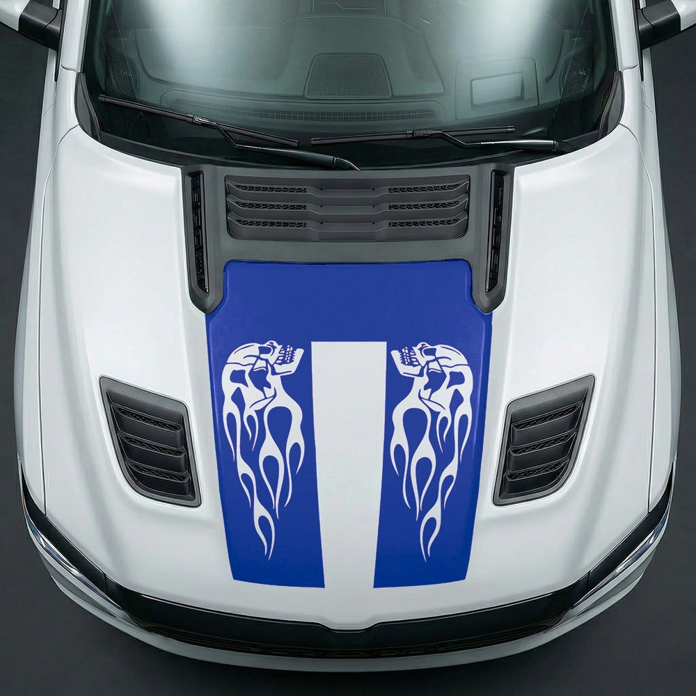 Hood Panel Decal/Sticker - Fiery Skulls Custom U-Shape Graphic Kit - For Dodge Ram 2019-2025 - Premium Vinyl