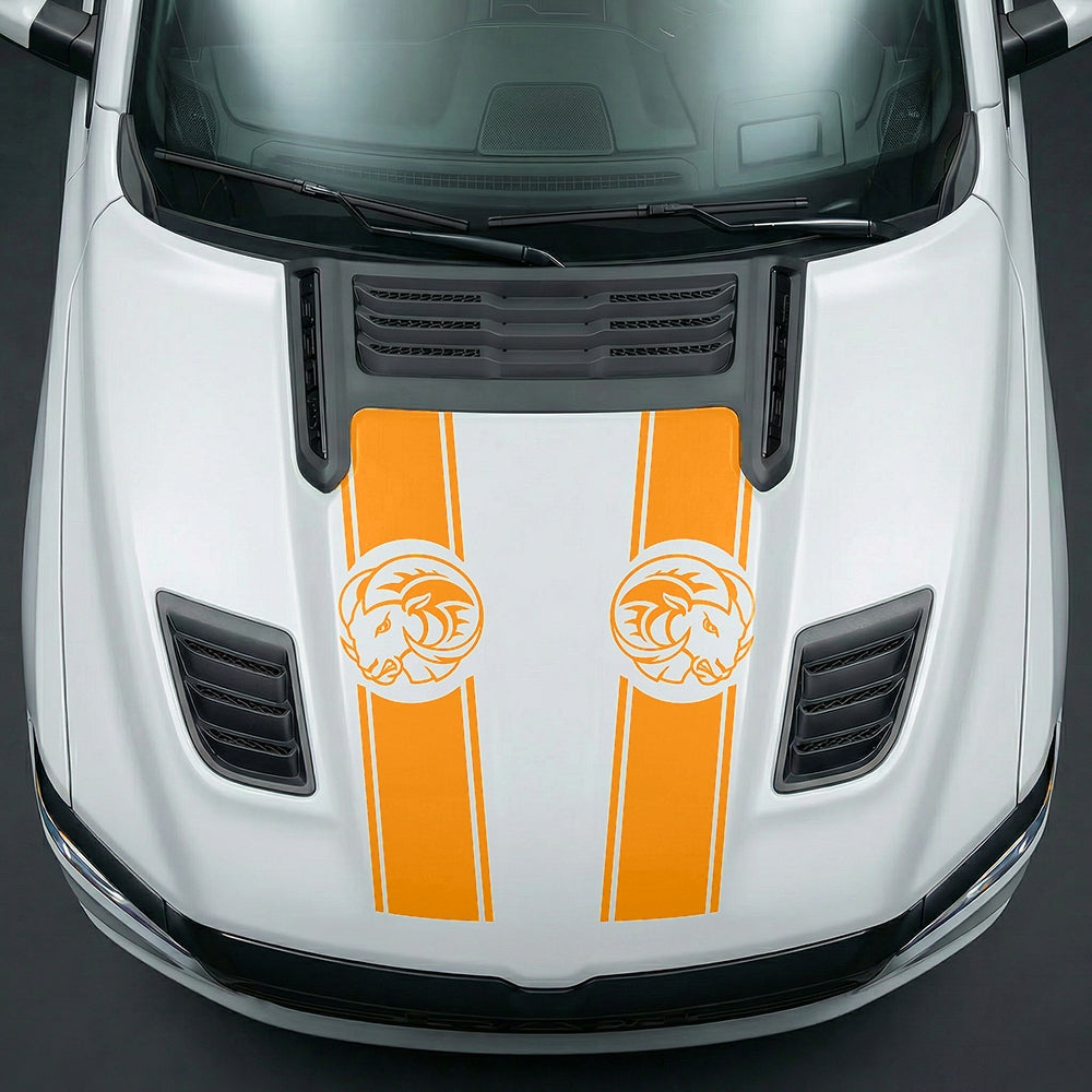 Hood Panel Decal/Sticker - Aggressive RAM Mascot Twin Racing Stripe Graphic Kit - For Dodge Ram 2019-2025 - Premium Vinyl