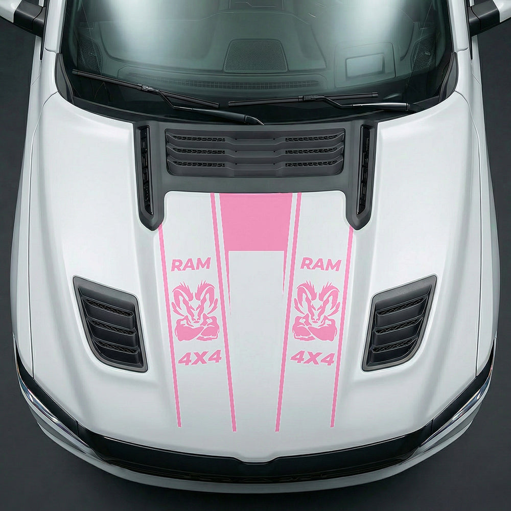 Hood Panel Decal/Sticker - Muscular Ram Mascot 4x4 Twin Stripe U-Shape Graphic Kit - For Dodge Ram 2019-2025 - Premium Vinyl