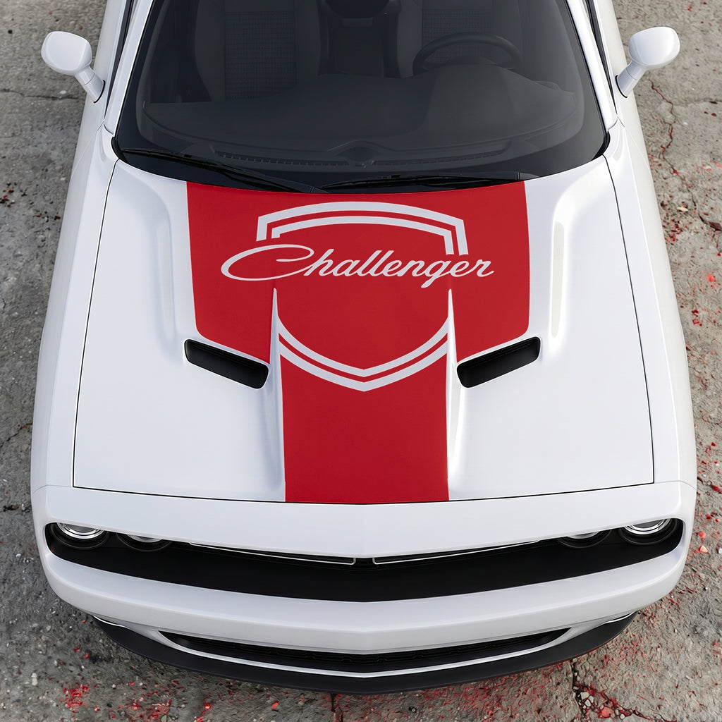 Hood Panel Decal/Sticker - Challenger Retro Script Shield - Vintage Style Crest Graphic Kit - For Dodge Challenger 2015-2024 - Premium Vinyl