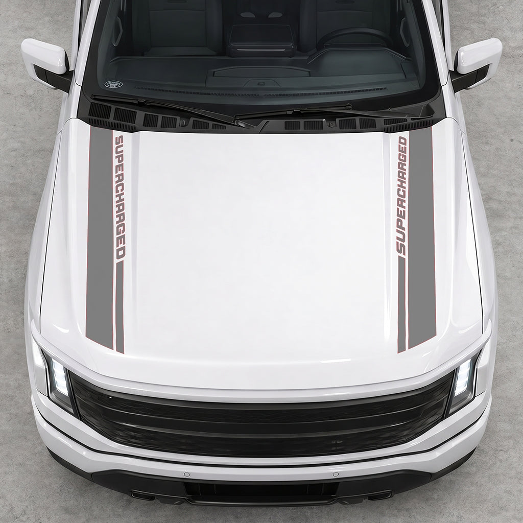 Hood Panel Decal/Sticker - Double Side SuperCharged Graphic Decal Graphic Kit - For Ford F-150 2015-2020 - Premium Vinyl