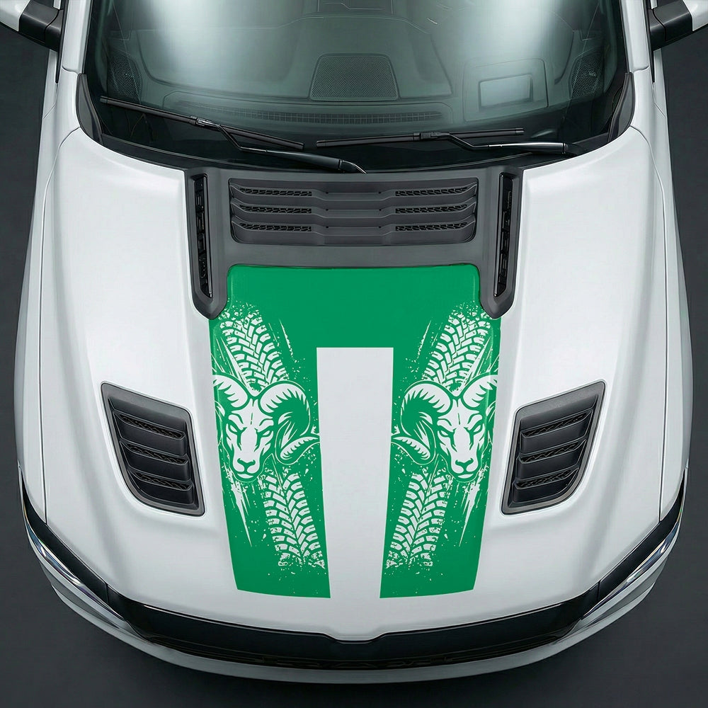 Hood Panel Decal/Sticker - Rugged Mud Tire Tread & RAM Head Graphic Kit - For Dodge Ram 2019-2025 - Premium Vinyl