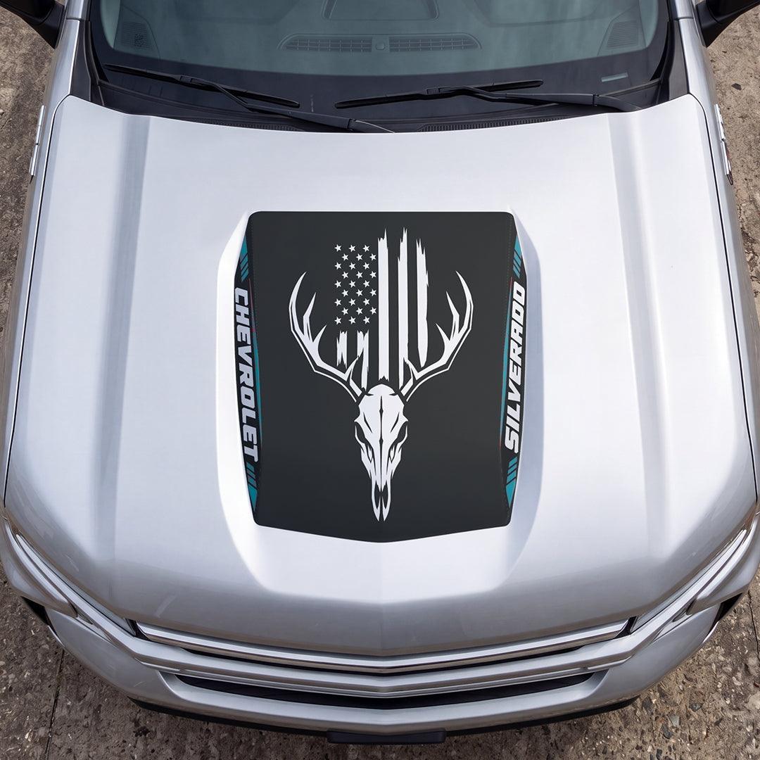 Hood Panel Decal/Sticker - American Flag and Bison Skull Graphic Decal Graphic Kit - For Chevrolet Silverado 2019-2024 - Premium Vinyl