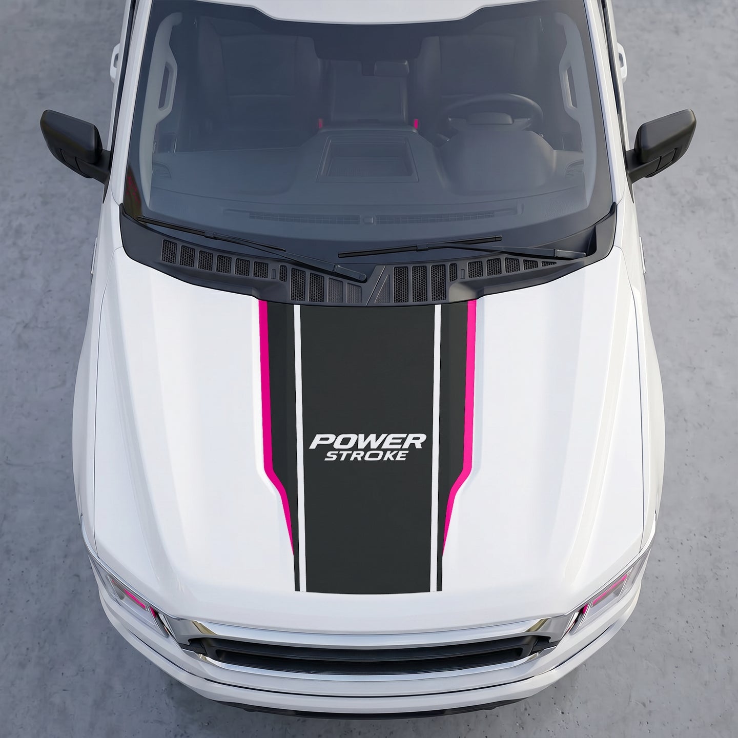 Hood Panel Decal/Sticker - Power Stroke Edition Hood Decal Wrap – Matte Black Center Sport Shield with White Track Stripes Graphic Kit - For Ford F-150 F150 2015-2020 - Premium Vinyl
