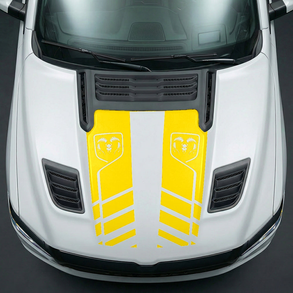 Hood Panel Decal/Sticker - Slotted Sport Stripe with RAM Shield Badge Graphic Kit - For Dodge Ram 2019-2025 - Premium Vinyl