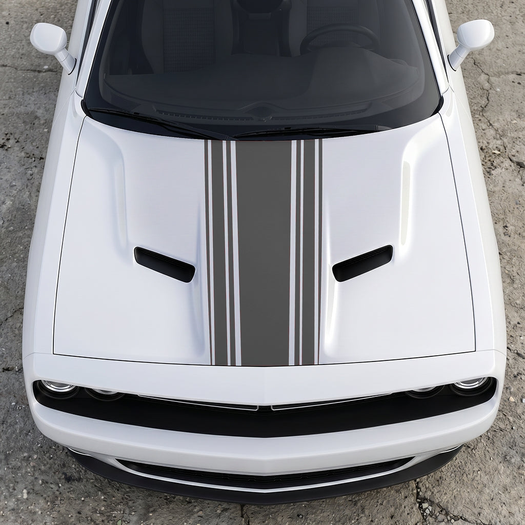 Hood Panel Decal/Sticker - Challenger Interceptor Center Stripe - Multi-Pin Racing Fade Vinyl Graphic Kit - For Dodge Challenger 2015-2024 - Premium Vinyl