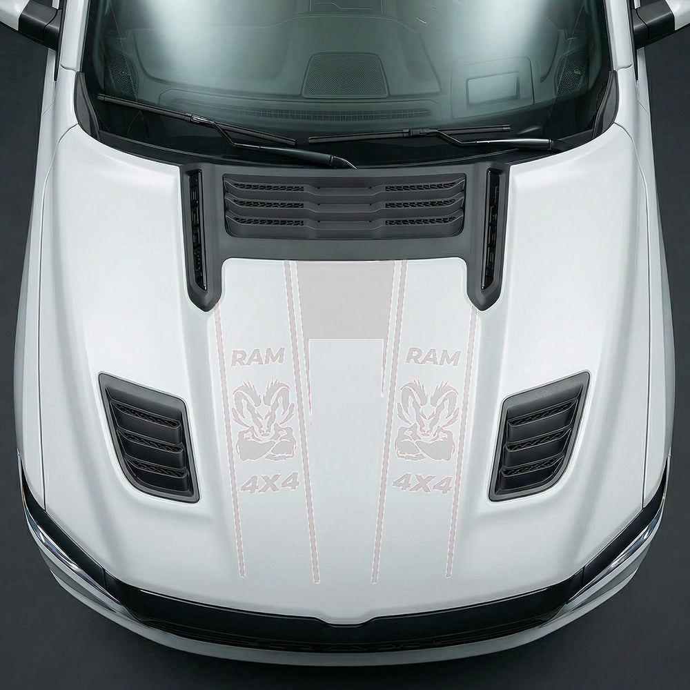 Hood Panel Decal/Sticker - Muscular Ram Mascot 4x4 Twin Stripe U-Shape Graphic Kit - For Dodge Ram 2019-2025 - Premium Vinyl