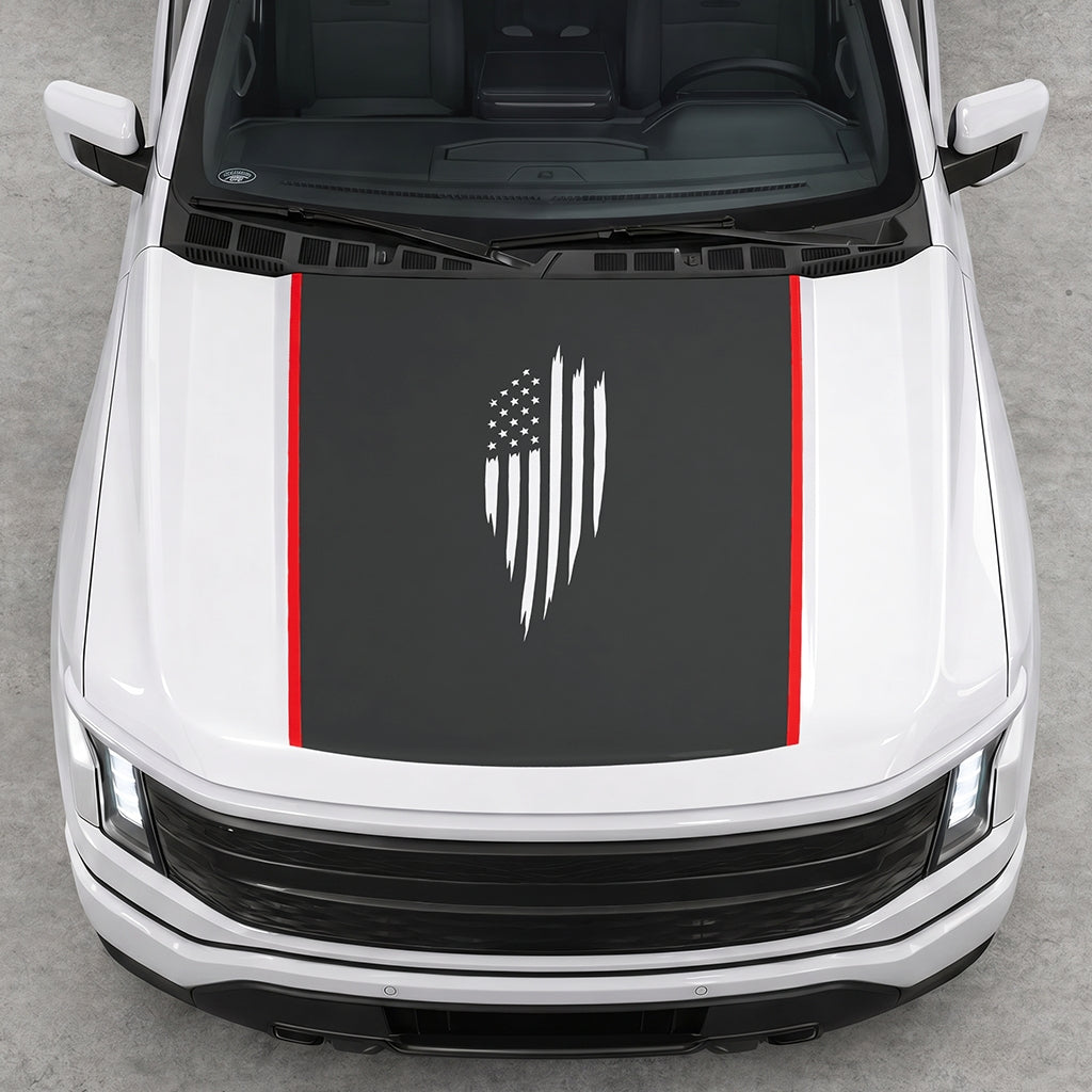 Hood Panel Decal/Sticker - Scratched America Flag Graphic Decal Graphic Kit - For Ford F-150 2015-2020 - Premium Vinyl