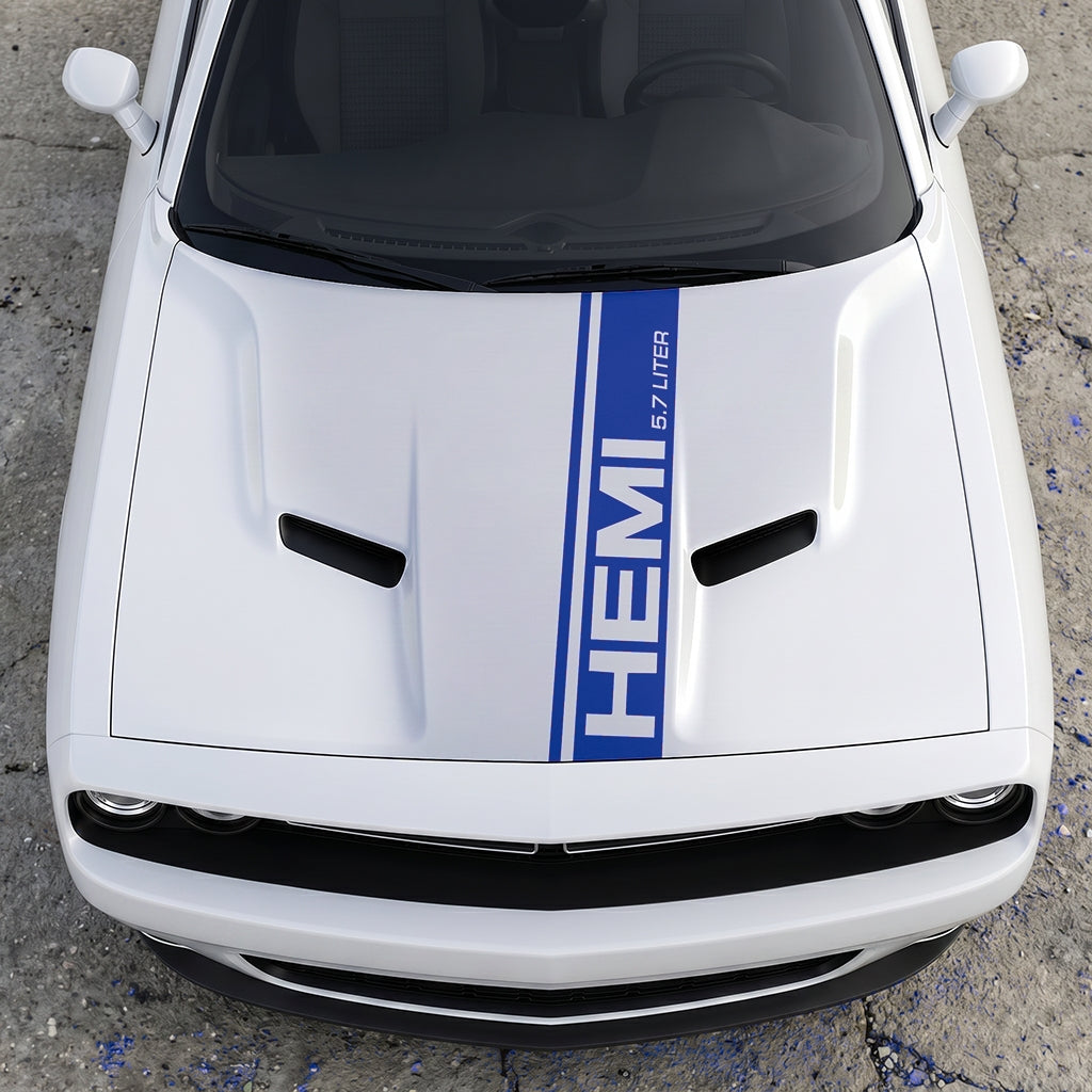 Hood Panel Decal/Sticker - HEMI 5.7 Liter Vertical Performance Stripe - Pillar Style Side-Hood Accent Vinyl Graphic Kit - For Dodge Challenger 2015-2024 - Premium Vinyl