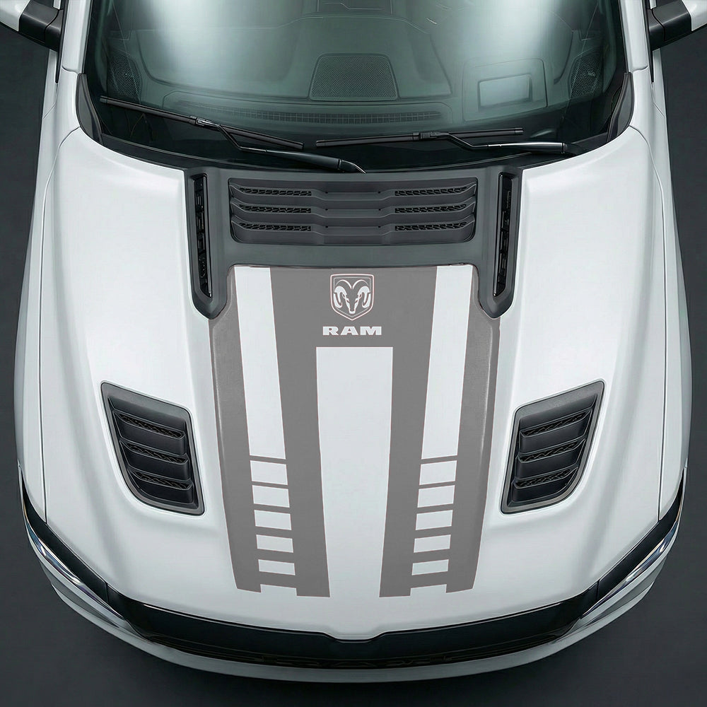Hood Panel Decal/Sticker - Sport Strobe V-Stripes with Center RAM Logo Graphic Kit - For Dodge Ram 2019-2025 - Premium Vinyl