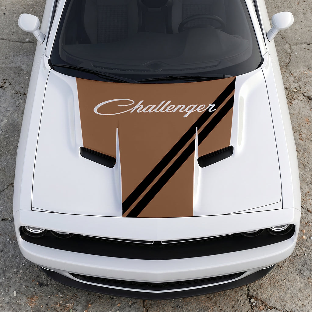 Hood Panel Decal/Sticker - Challenger Script Sidewinder Stripe - Dual-Band Offset Racing Graphic Kit - For Dodge Challenger 2015-2024 - Premium Vinyl