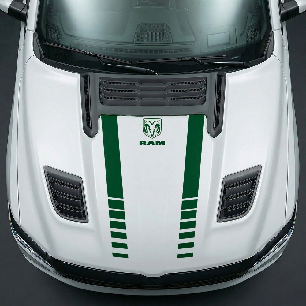 Hood Panel Decal/Sticker - Sport Strobe V-Stripes with Center RAM Logo - Cut Graphic Kit - For Dodge Ram 2019-2025 - Premium Vinyl