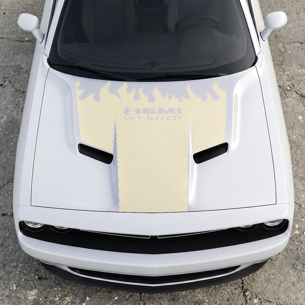 Hood Panel Decal/Sticker - HEMI 5.7 Liter Fire & Fury Flame Accent - Performance Red Series Graphic Kit - For Dodge Challenger 2015-2024 - Premium Vinyl