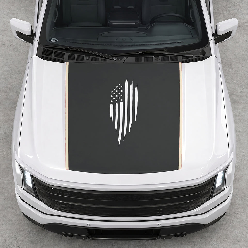 Hood Panel Decal/Sticker - Scratched America Flag Graphic Decal Graphic Kit - For Ford F-150 2015-2020 - Premium Vinyl