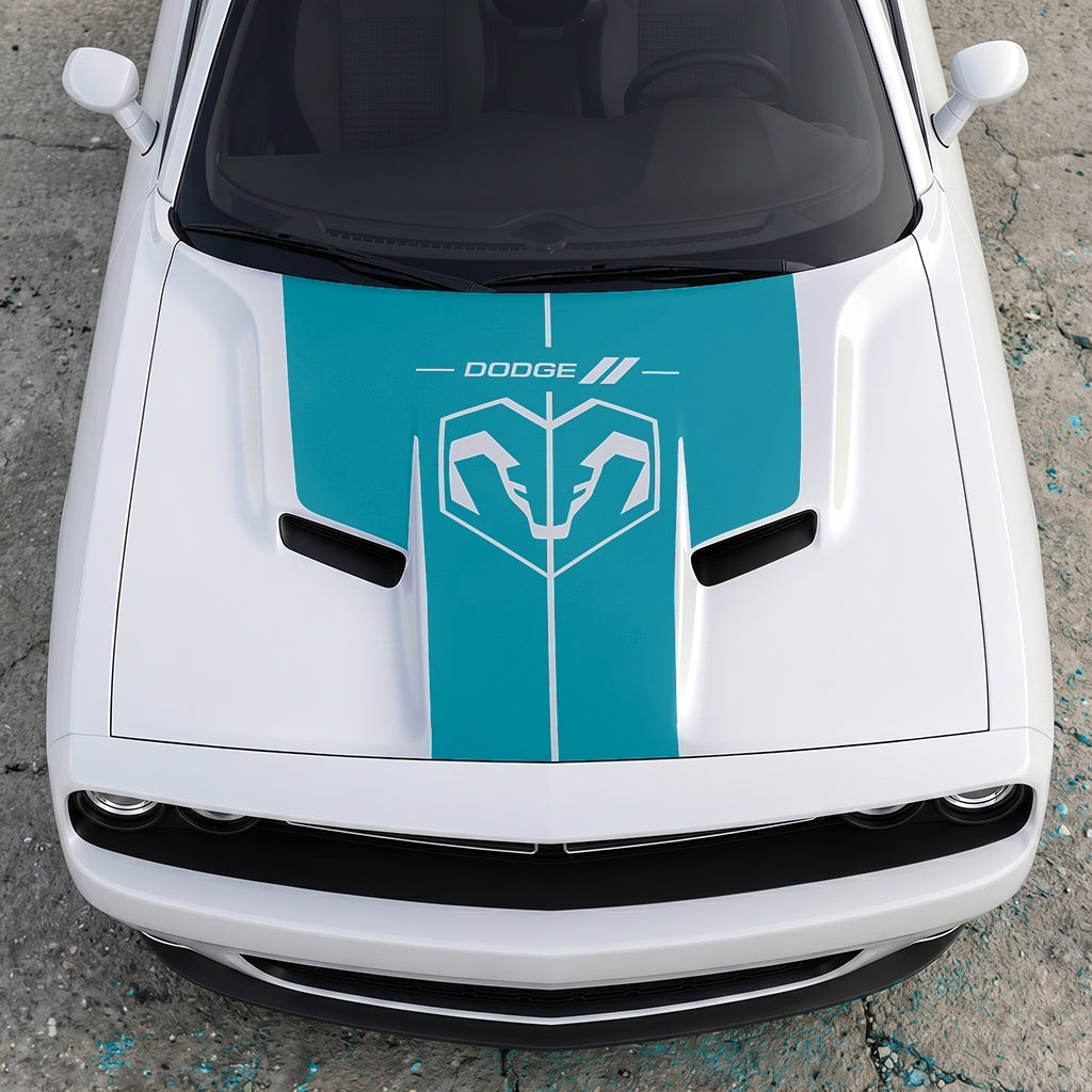 Hood Panel Decal/Sticker - Modern Ram Heritage Diamond Shield Overlay - Dodge Logo Split Stripe Graphic Kit - For Dodge Challenger 2015-2024 - Premium Vinyl