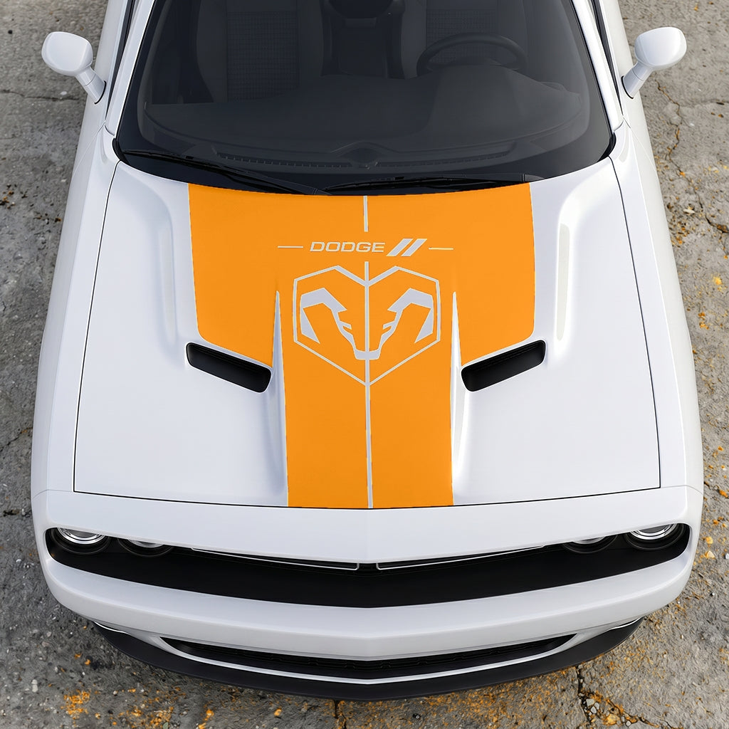Hood Panel Decal/Sticker - Modern Ram Heritage Diamond Shield Overlay - Dodge Logo Split Stripe Graphic Kit - For Dodge Challenger 2015-2024 - Premium Vinyl