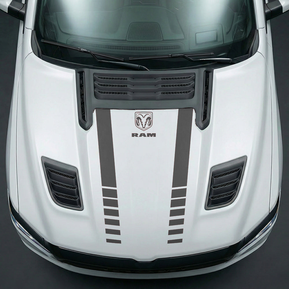 Hood Panel Decal/Sticker - Sport Strobe V-Stripes with Center RAM Logo - Cut Graphic Kit - For Dodge Ram 2019-2025 - Premium Vinyl