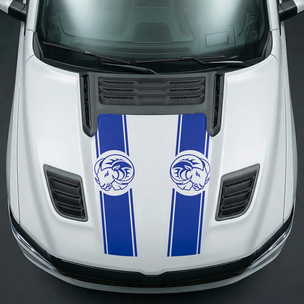 Hood Panel Decal/Sticker - Aggressive RAM Mascot Twin Racing Stripe Graphic Kit - For Dodge Ram 2019-2025 - Premium Vinyl