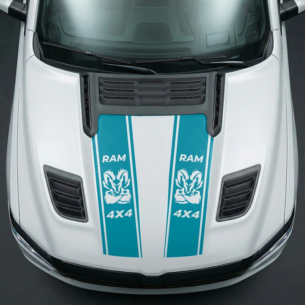 Hood Panel Decal/Sticker - Muscular Ram Mascot 4x4 Twin Stripe Graphic Kit - For Dodge Ram 2019-2025 - Premium Vinyl