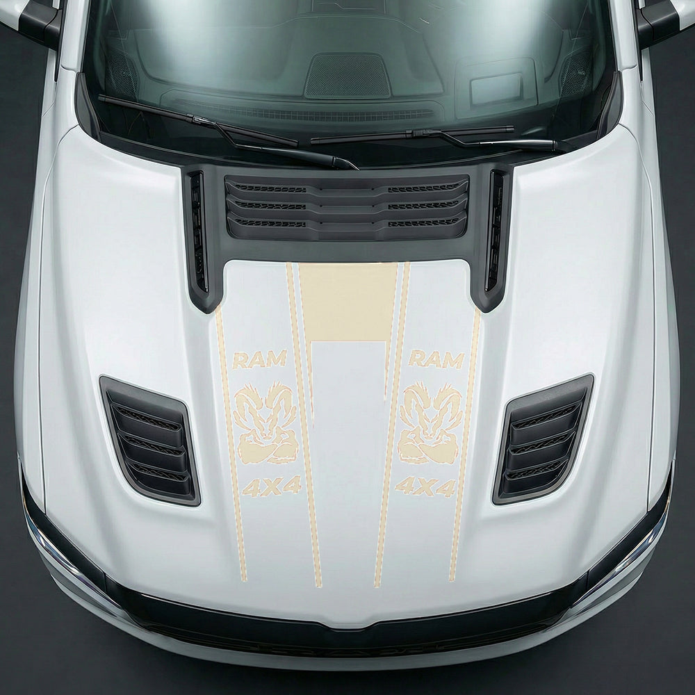 Hood Panel Decal/Sticker - Muscular Ram Mascot 4x4 Twin Stripe U-Shape Graphic Kit - For Dodge Ram 2019-2025 - Premium Vinyl