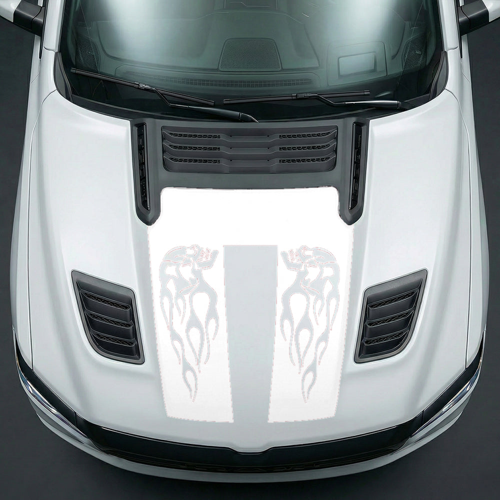 Hood Panel Decal/Sticker - Fiery Skulls Custom U-Shape Graphic Kit - For Dodge Ram 2019-2025 - Premium Vinyl