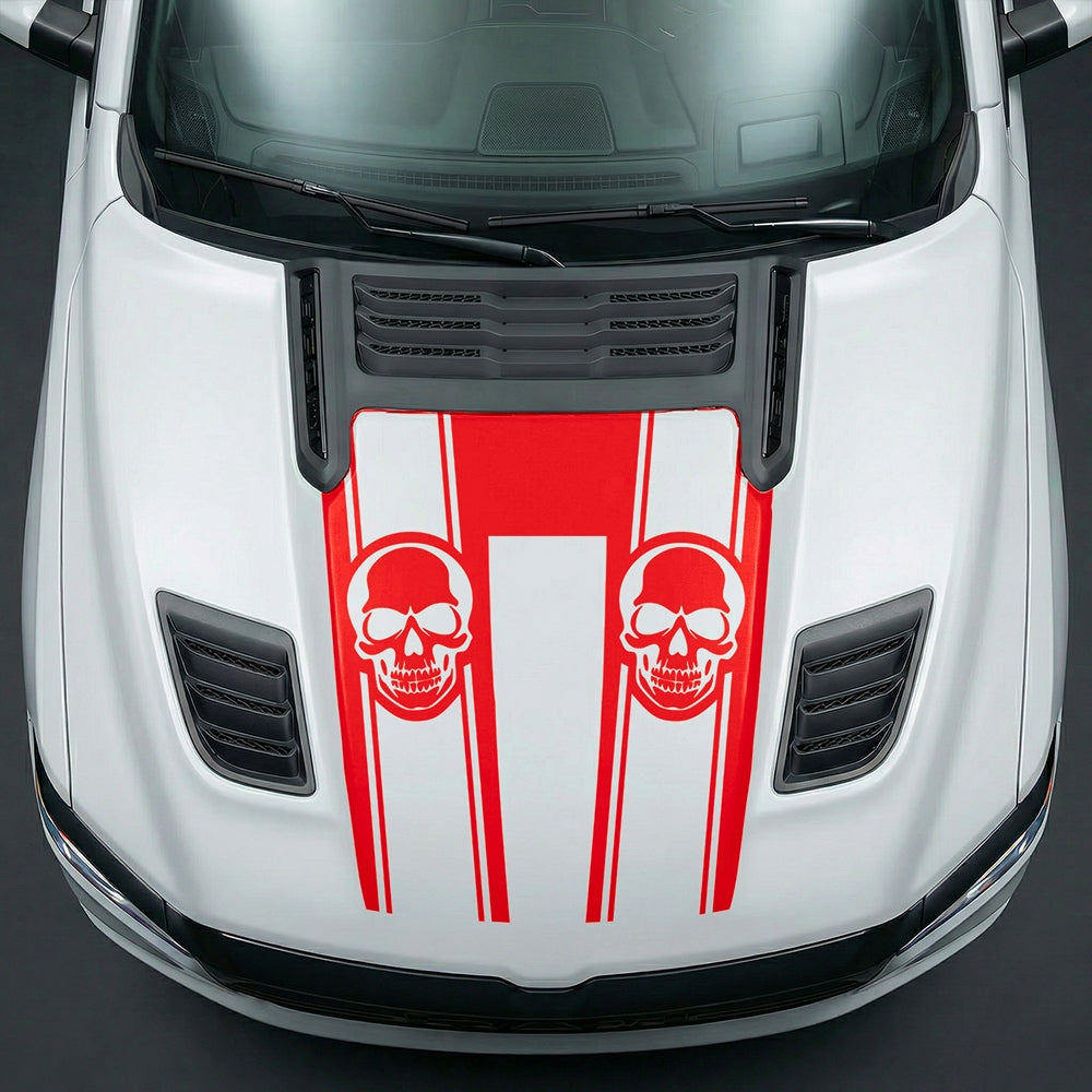 Hood Panel Decal/Sticker - Sinister Skull Racing Stripes U-Shape Graphic Kit - For Dodge Ram 2019-2025 - Premium Vinyl