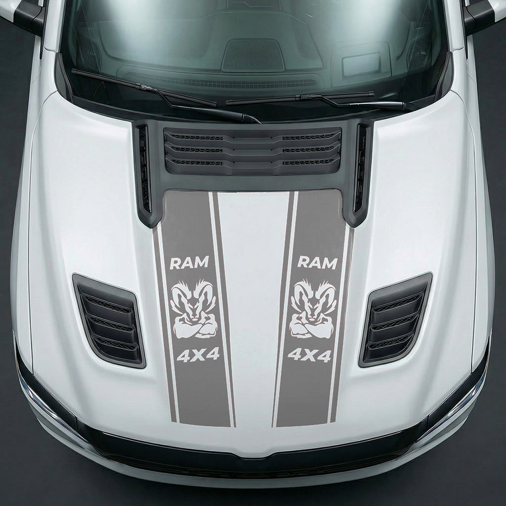 Hood Panel Decal/Sticker - Muscular Ram Mascot 4x4 Twin Stripe Graphic Kit - For Dodge Ram 2019-2025 - Premium Vinyl